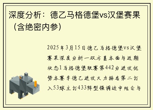 深度分析：德乙马格德堡vs汉堡赛果（含绝密内参）